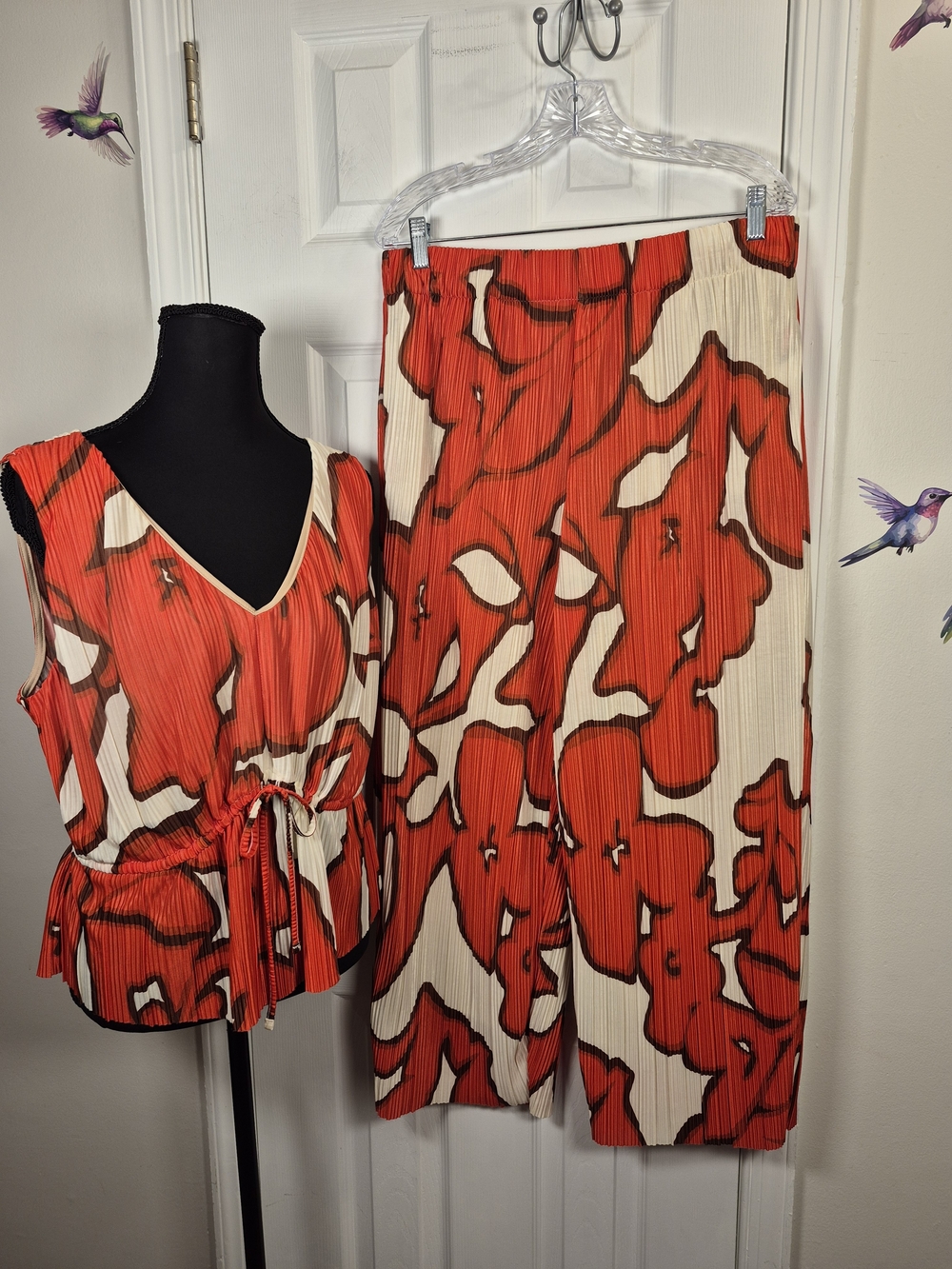 ​Nine West Plissé Pleated Two Piece Set Floral Wide Leg Palazzo Pants Boho Large - Picture 3 of 8